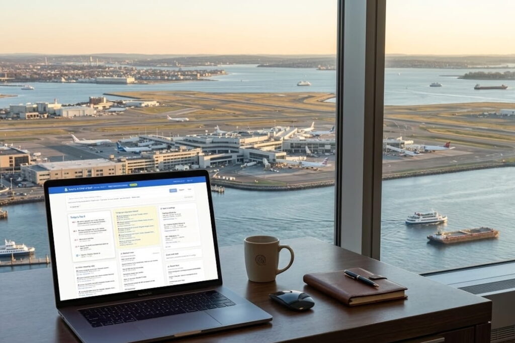 laptop at a desk overlooking the airport